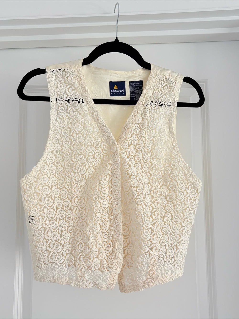 Vintage Lizsport Silk Ivory Crochet Floral Vest Petite Small* Boho Cottage Chic